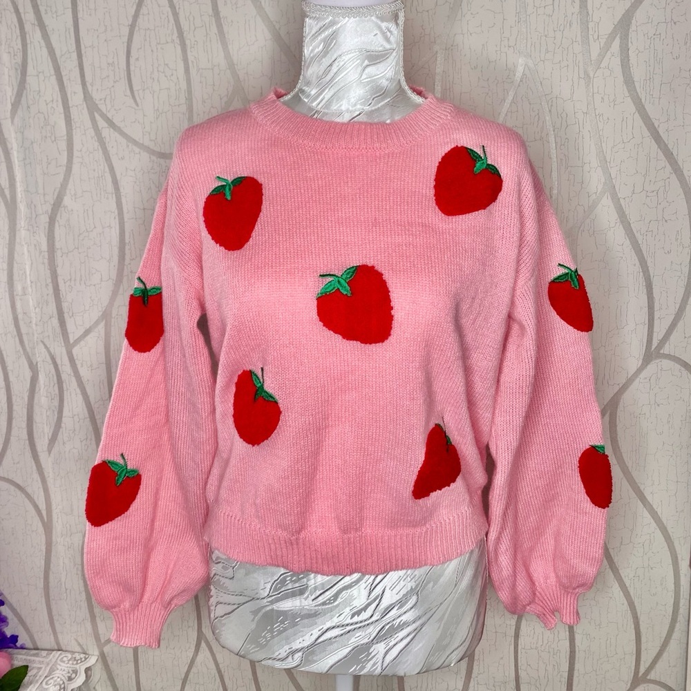 🎀🍓 Pink Knit Whimsical Strawberry Flounce Sleeve Sweater 🍓🎀 NWT